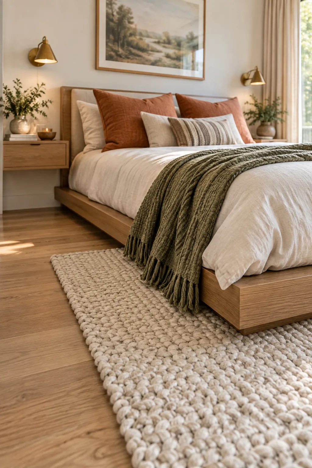 A chunky knit area rug placed under the lower two-thirds of a wooden platform bed, exposing the bare oak floor near the headboard.