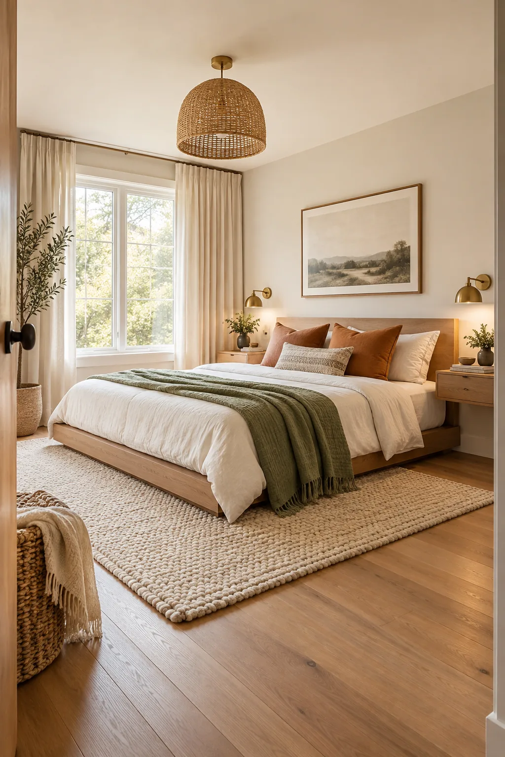 A low-profile wooden platform bed dressed in white linens, terracotta pillows, and a sage green throw blanket.