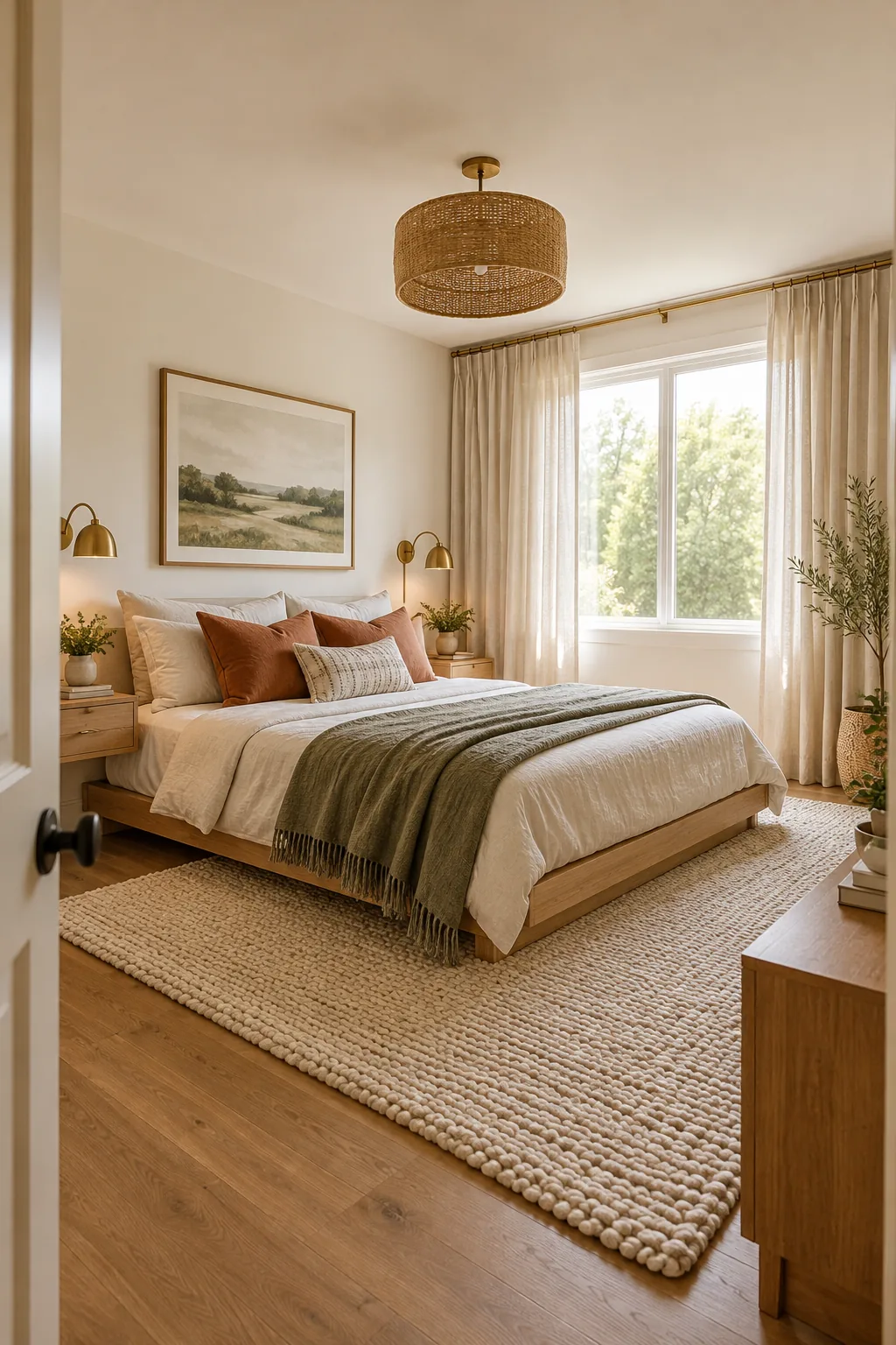 Light linen drapes hanging from a brass curtain rod that is mounted flush against the ceiling above a bedroom window.
