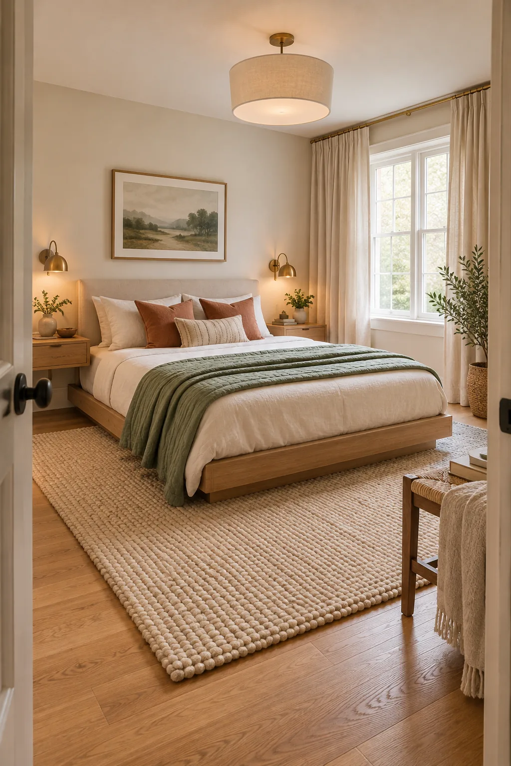 A wide view of a perfectly proportioned small master bedroom showcasing a low bed, floating nightstands, and tall drapes.