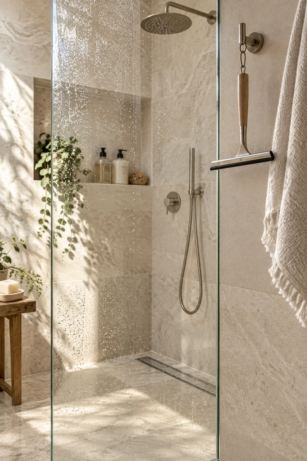 Frameless glass shower enclosure in a small bathroom