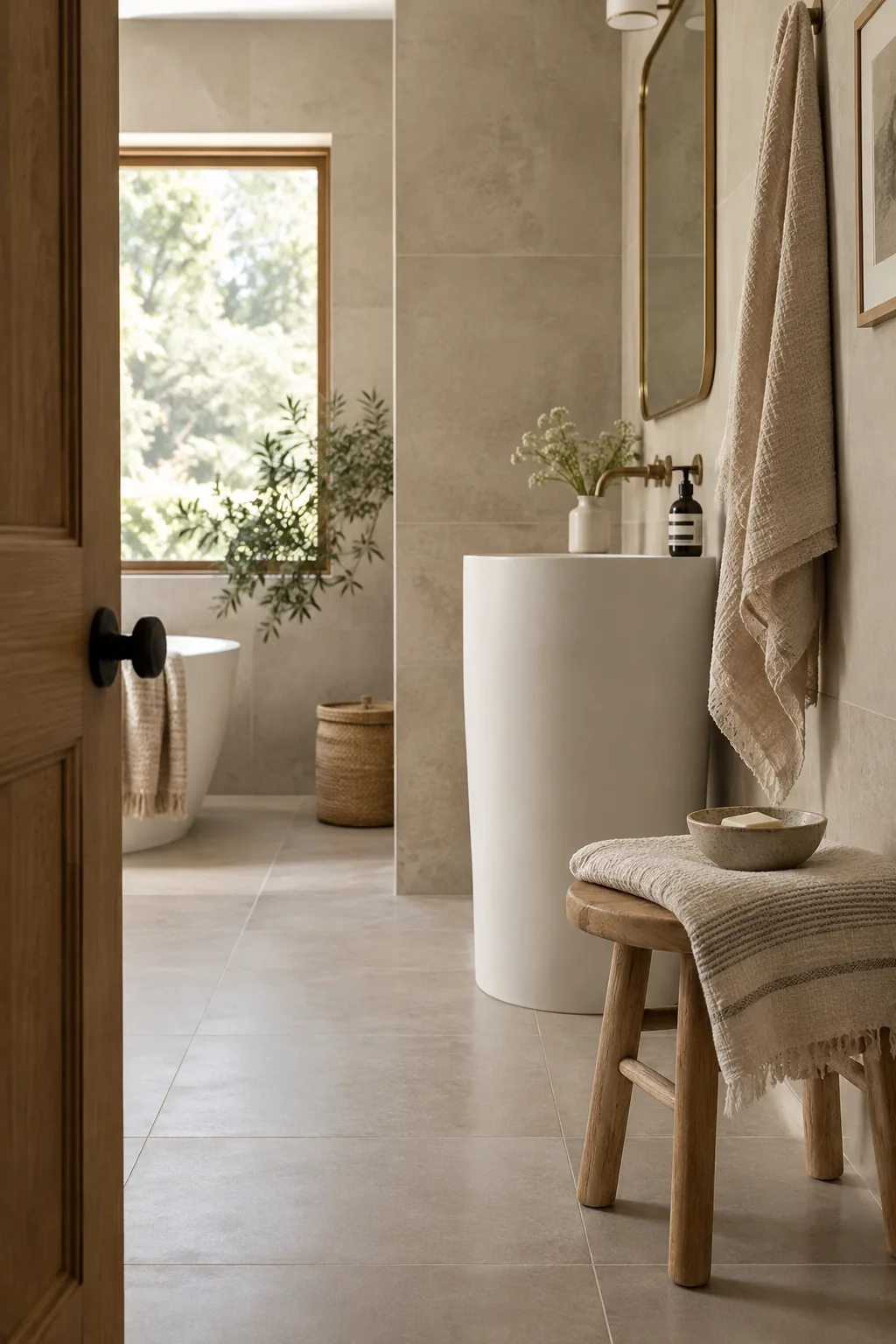 Large grey tiles on the floor and walls of a tiny bathroom