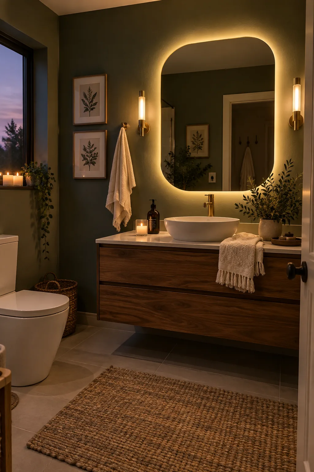 A glowing backlit mirror over a small modern vanity
