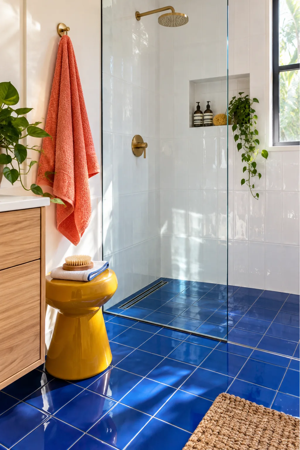 Curbless shower with continuous floor tile running throughout