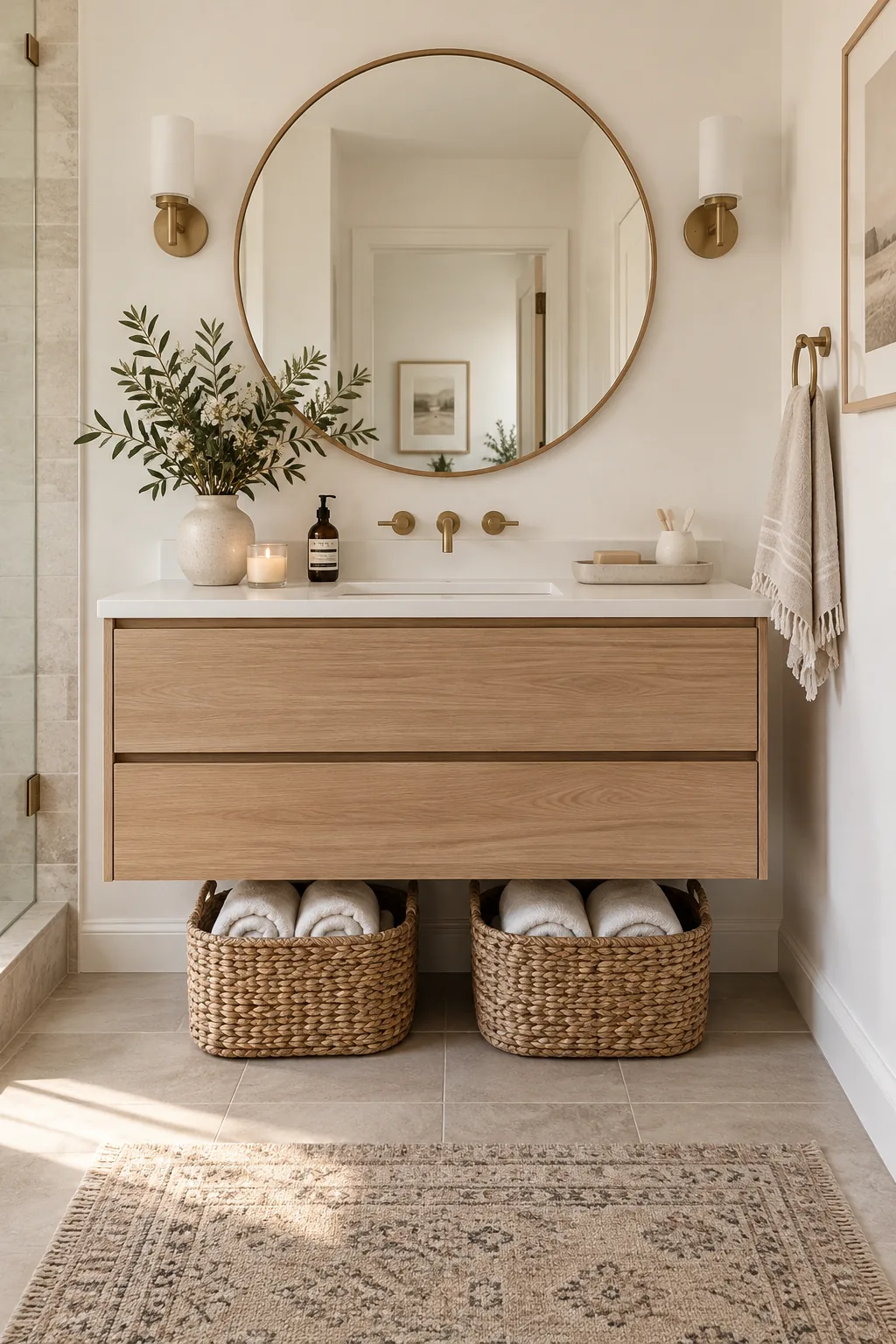 Wood floating vanity with baskets underneath
