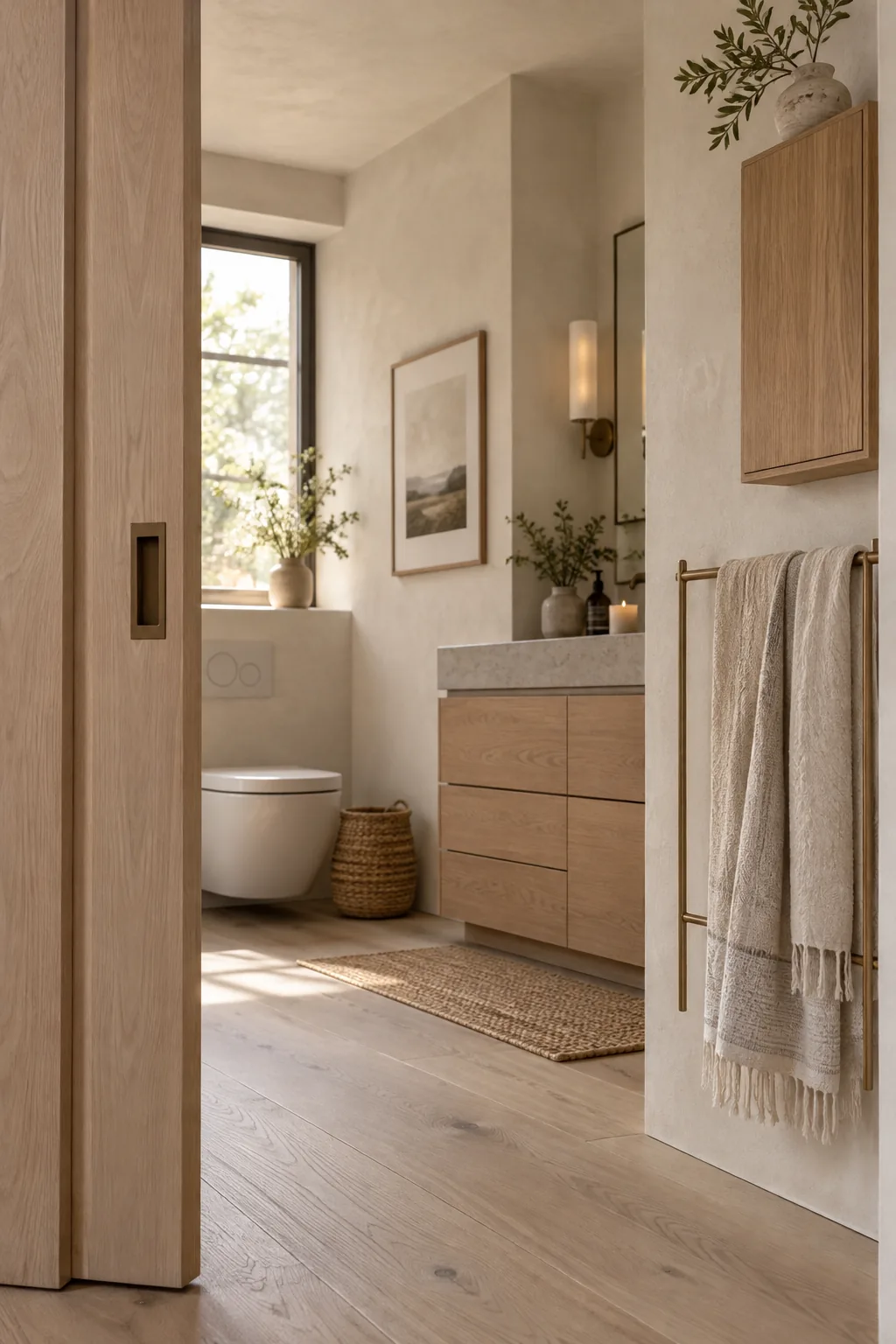 A modern pocket door sliding into the bathroom wall