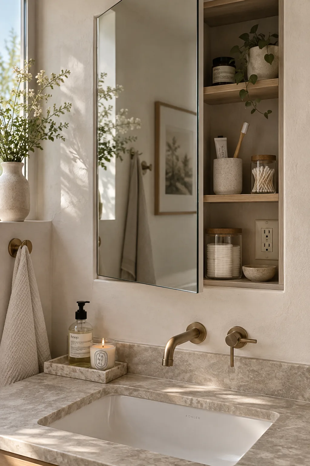 Frameless recessed medicine cabinet above a bathroom sink