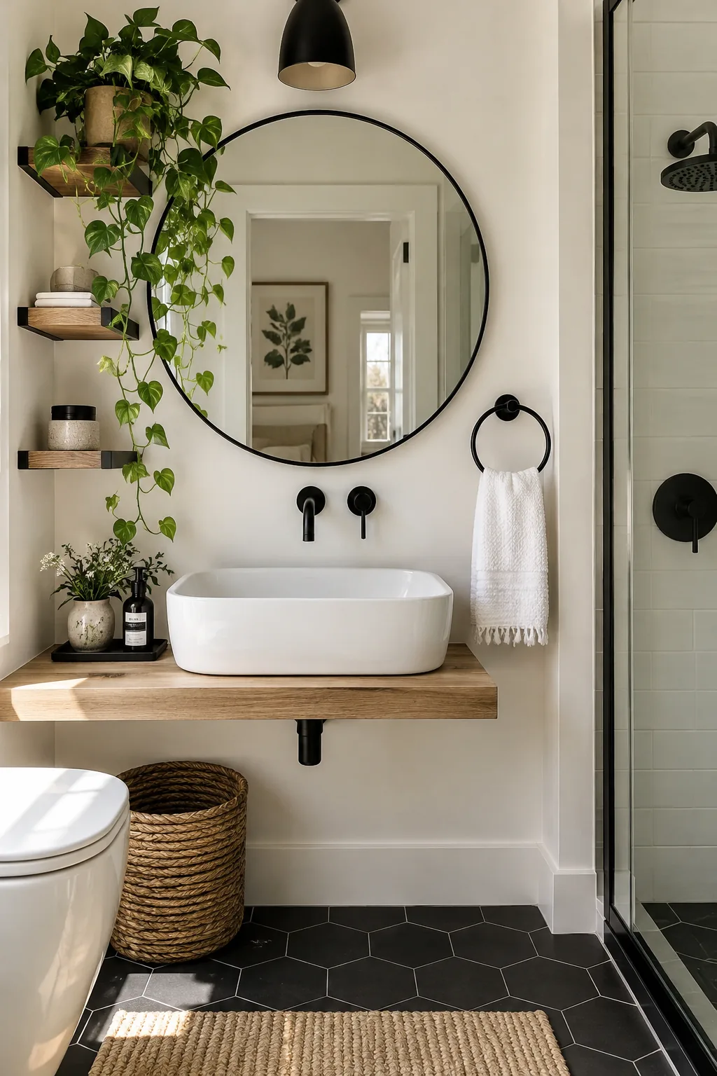 Matte black fixtures against crisp white bathroom walls