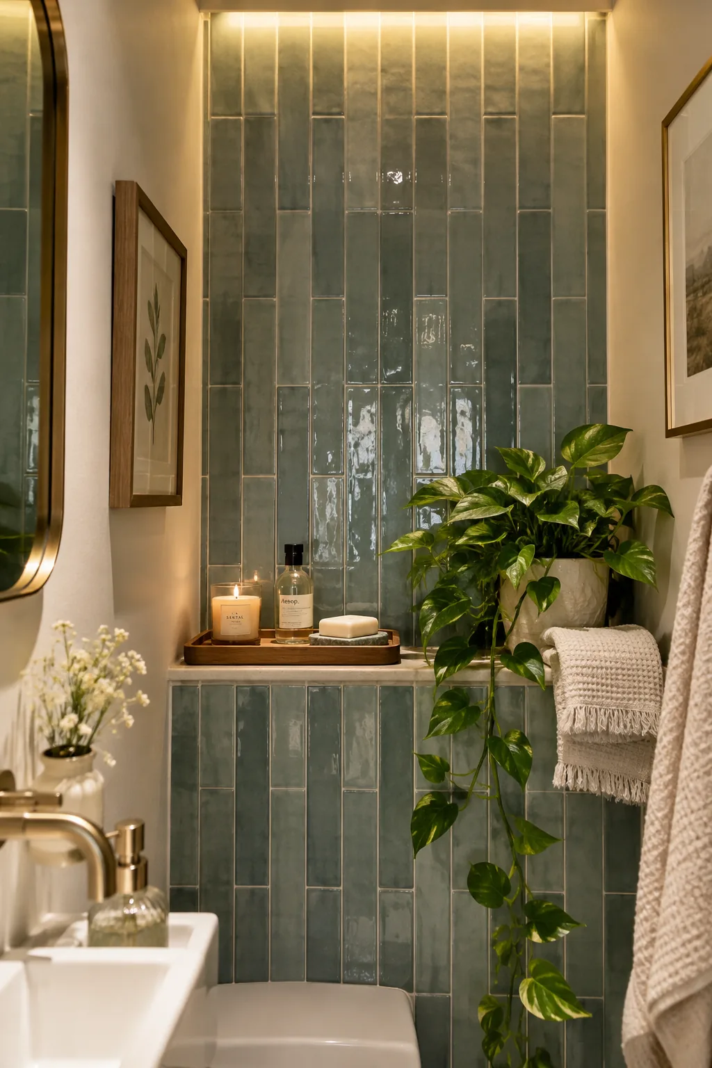 White subway tile running all the way to the bathroom ceiling