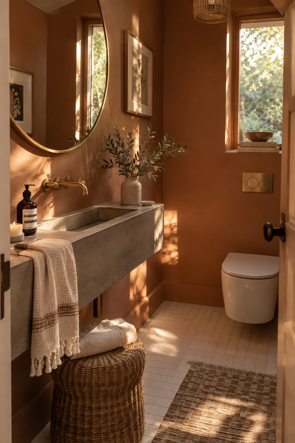A sleek, shallow trough sink mounted on a bathroom wall