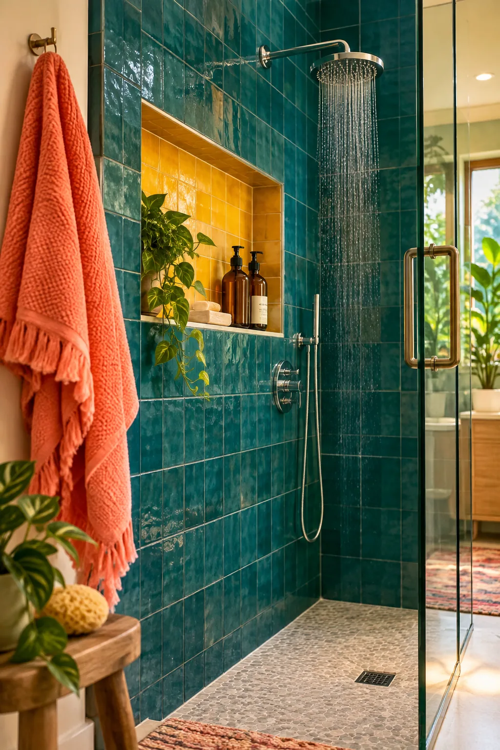 A neatly tiled shower niche holding shampoo bottles