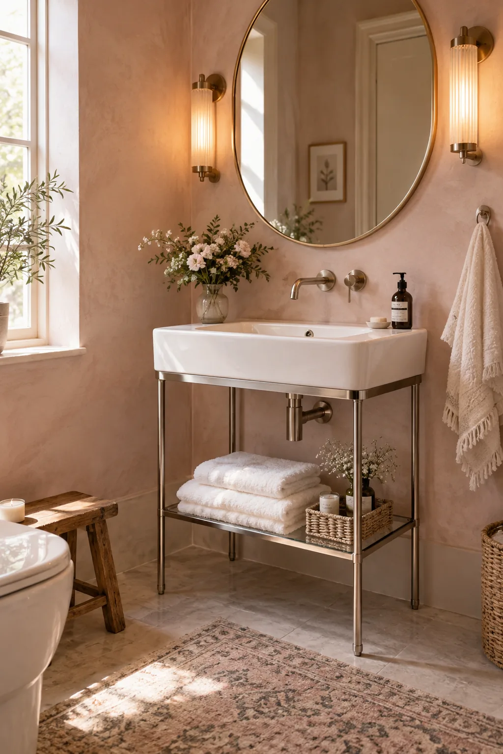 A metal-framed console sink with a glass shelf