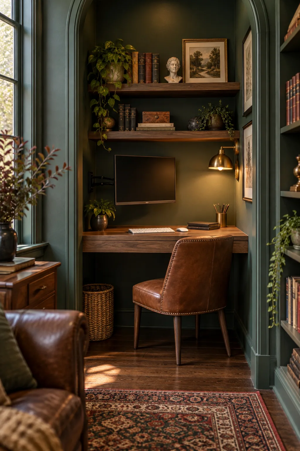 A dark academia style alcove office with green walls, a walnut desk, and a leather chair.