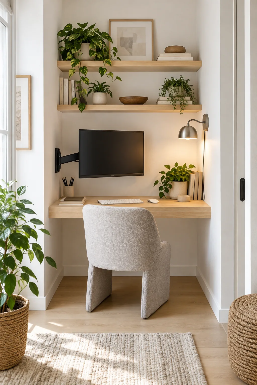 A minimalist Scandinavian alcove office with white walls, a pale oak desk, and a light gray chair.