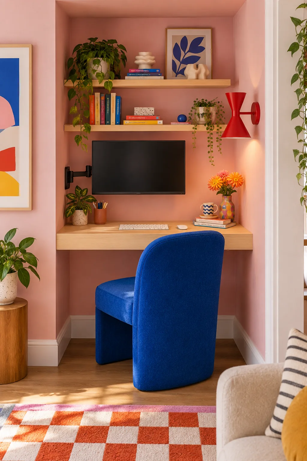 A colorful postmodern alcove office with blush pink walls, a birch desk, and a cobalt blue chair.