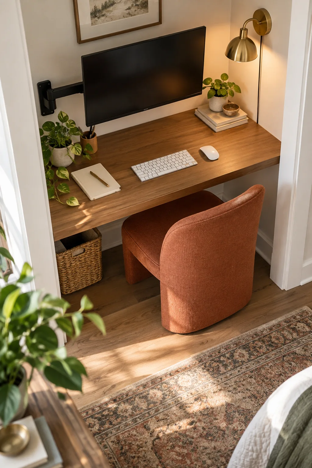 Establishing shot of a small home office seamlessly integrated into a room's narrow alcove.
