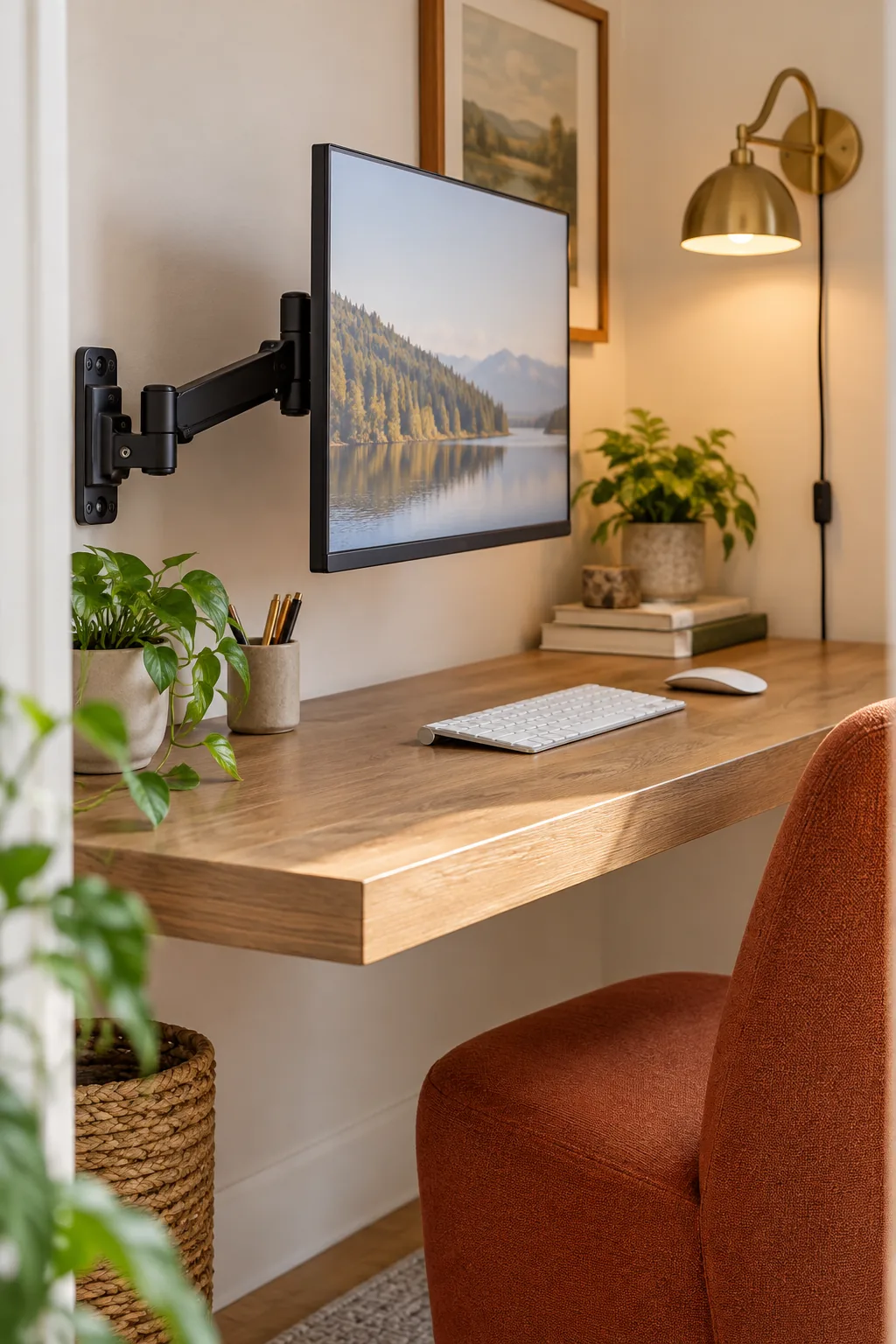 Close-up of a computer monitor attached to a black metal arm mounted on the left wall of an alcove.