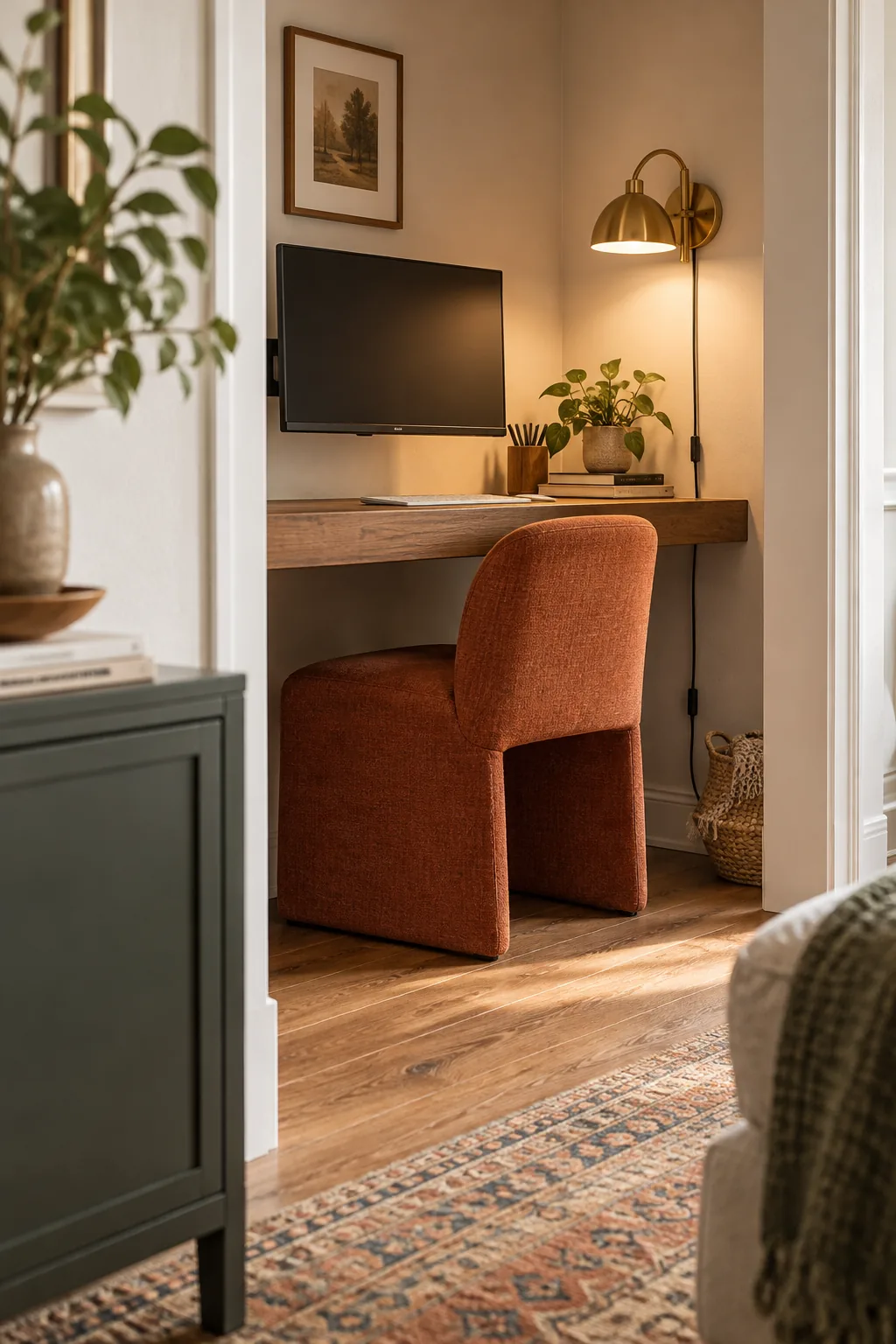 A brass plug-in wall sconce illuminating the right side of a small wooden desk.