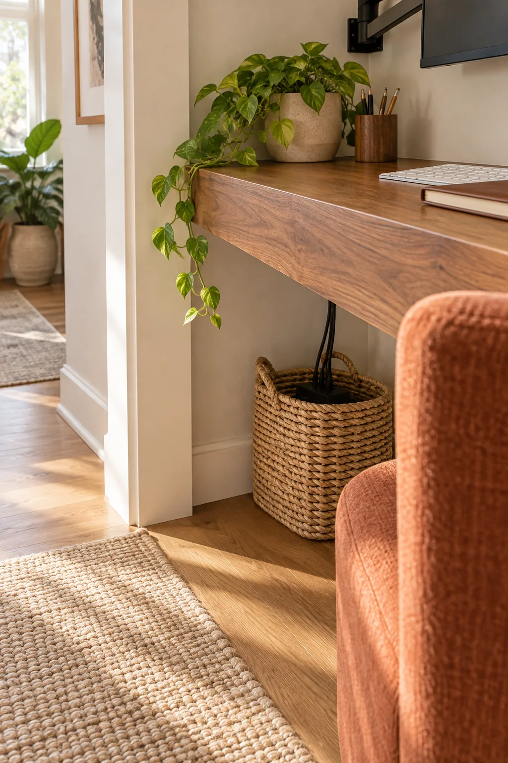 A terracotta armless chair tucked neatly underneath a floating wood desk in an alcove.