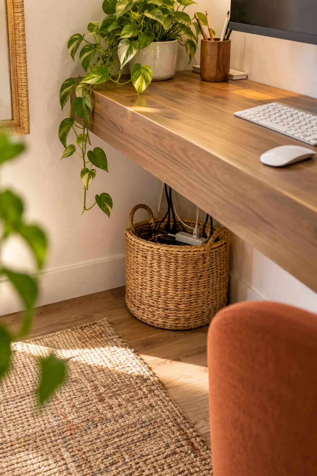 A woven floor basket placed under a floating desk to hide electrical cords and a power strip.