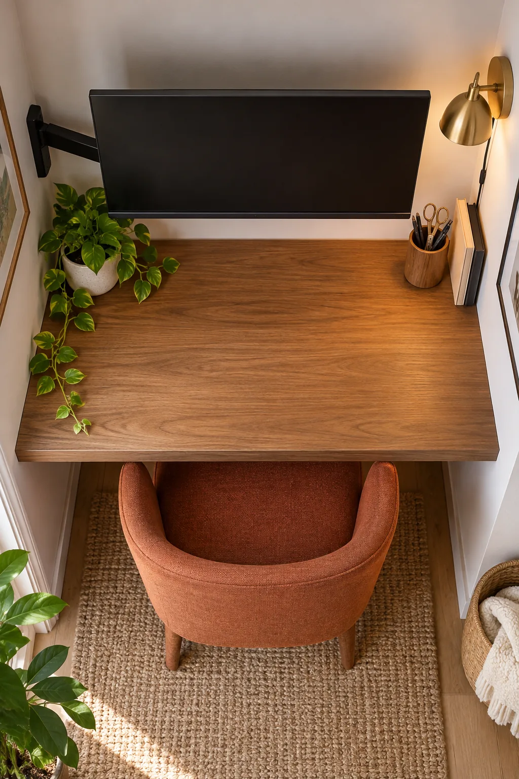A styled desk surface with a clear center workspace, a small potted plant on the left, and a pen cup on the right.
