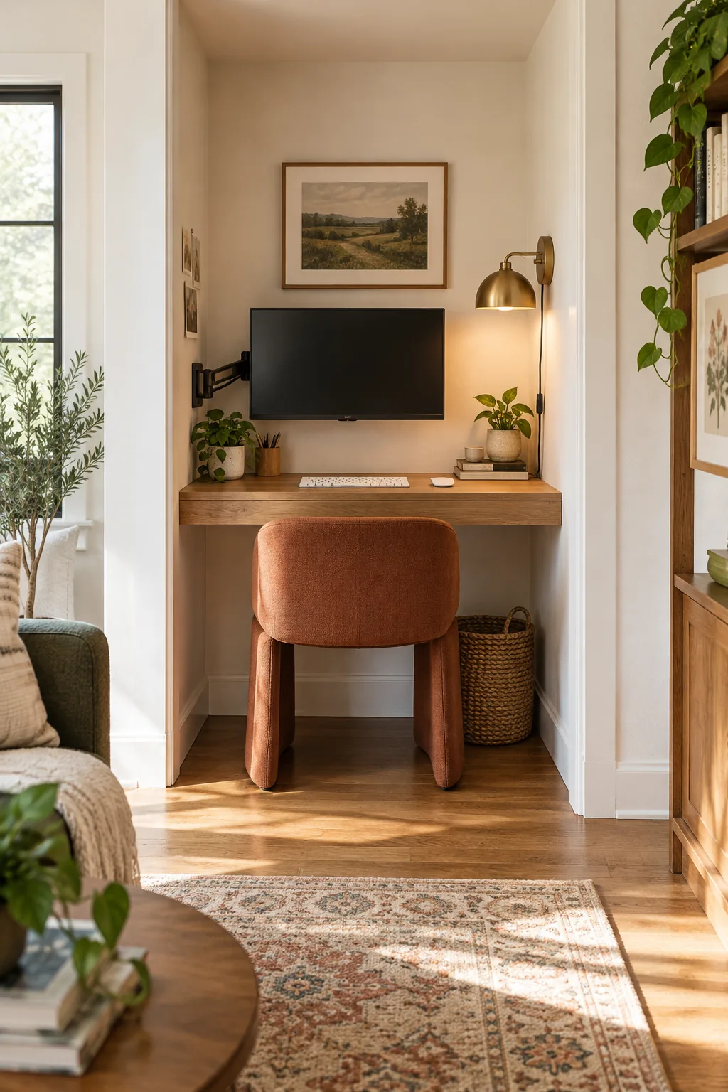 Straight-on view of a perfectly organized alcove office with a floating desk, monitor, sconce, and tucked chair.