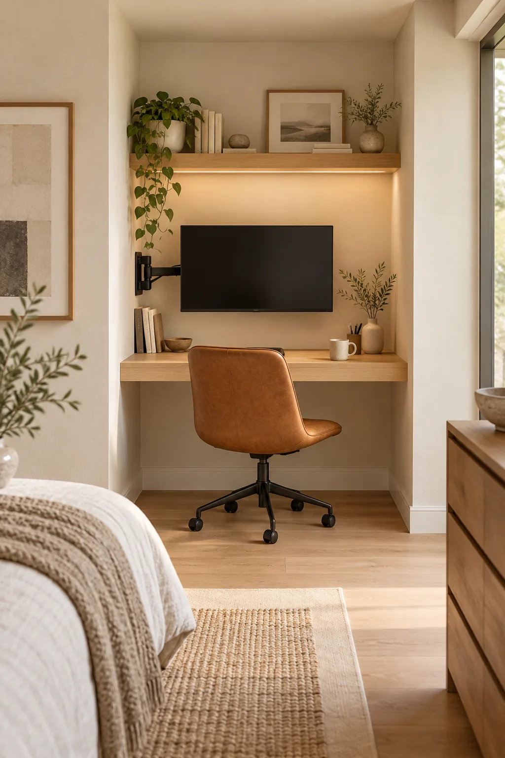 A minimalist Japandi style micro-office with a light oak floating desk and cream walls.