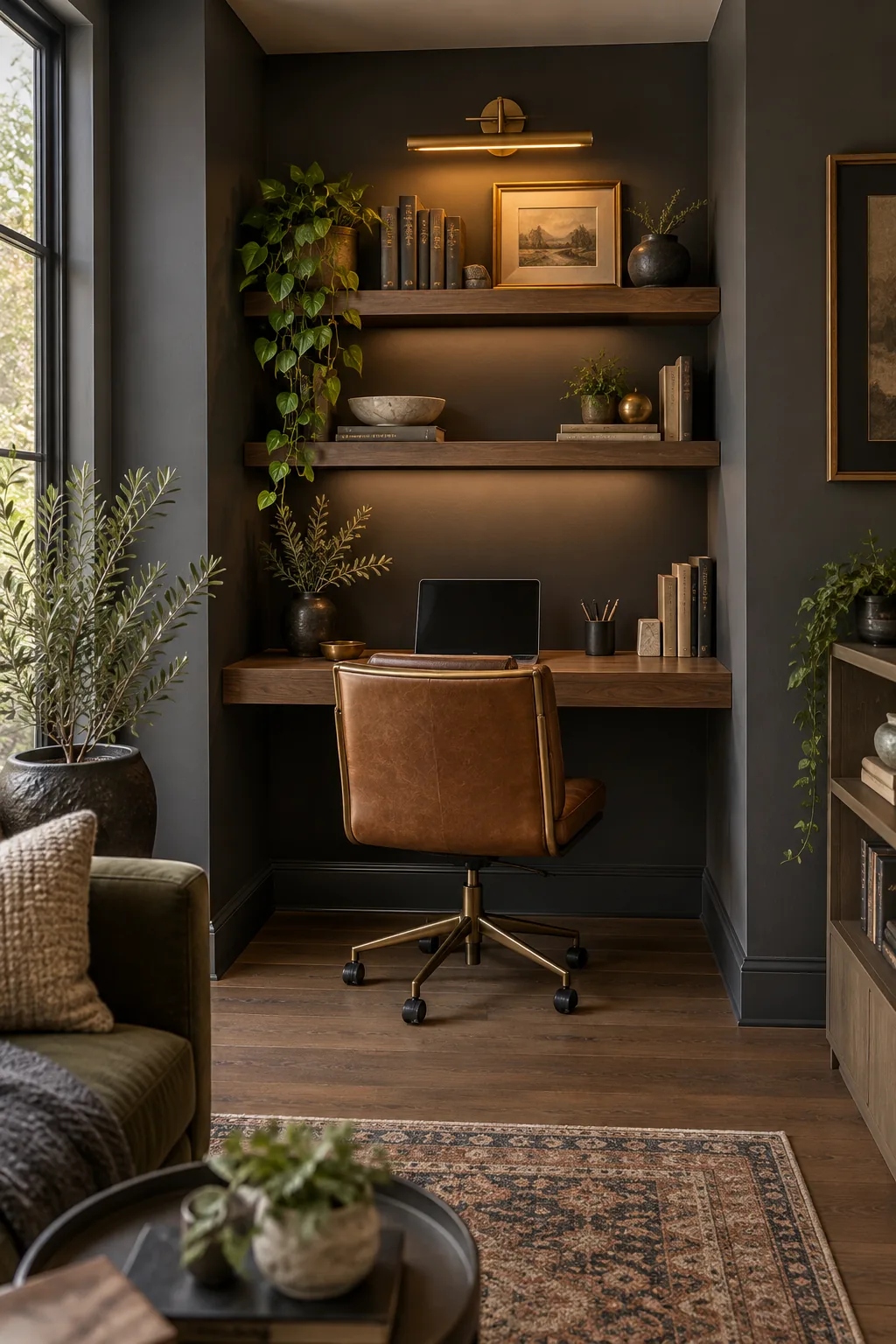 A moody micro-office painted dark charcoal with a rich walnut desk and brass sconce.
