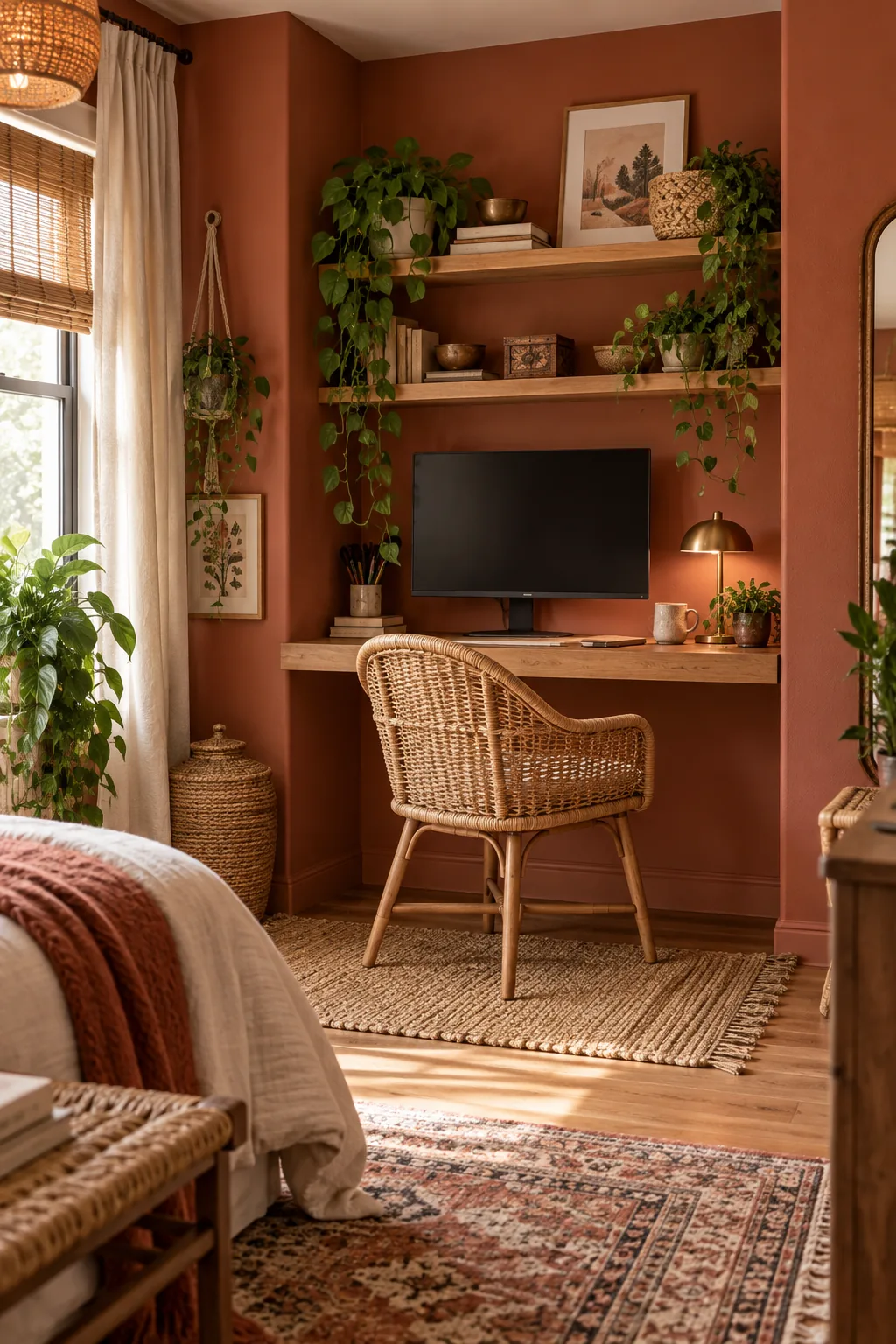 A bohemian micro-office with terracotta walls, a rattan chair, and trailing green plants.