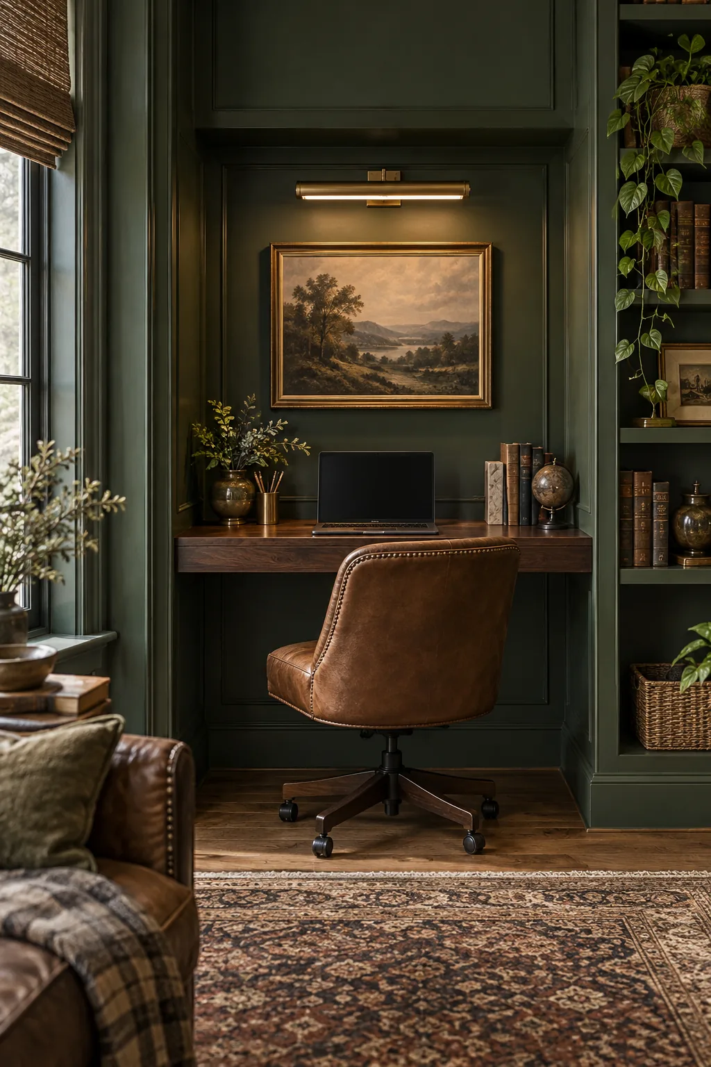 A traditional library style micro-office with deep green walls and a mahogany wood desk.