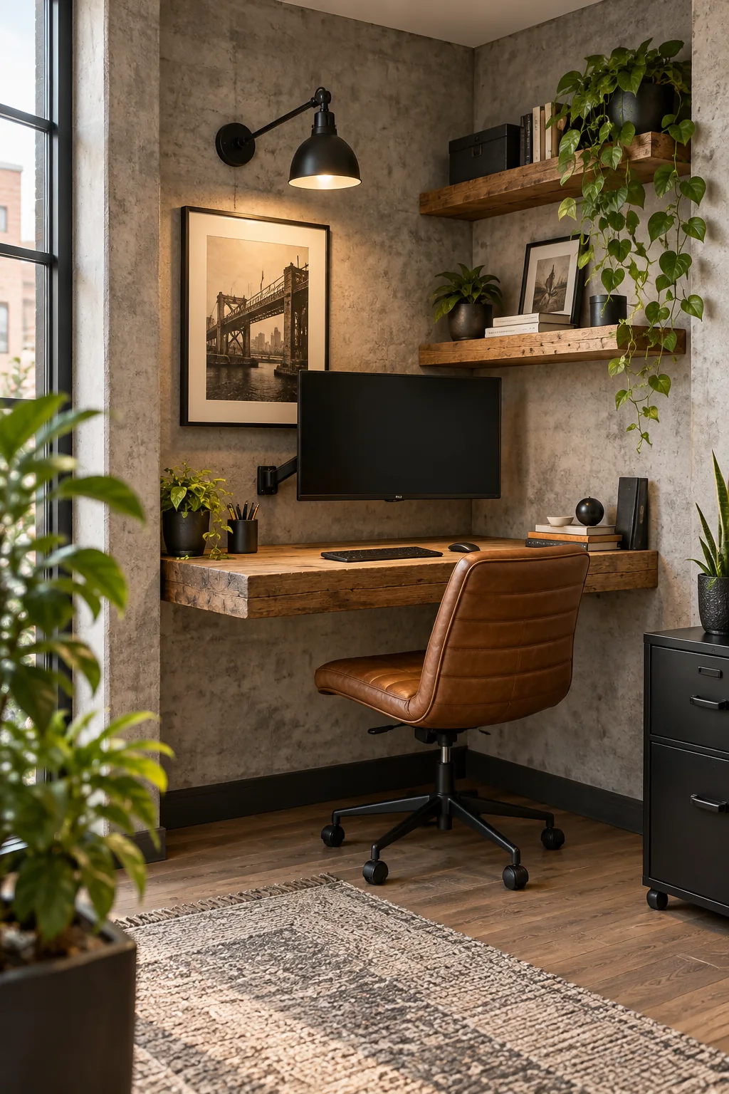 An industrial micro-office with concrete-look walls, a reclaimed wood desk, and matte black fixtures.