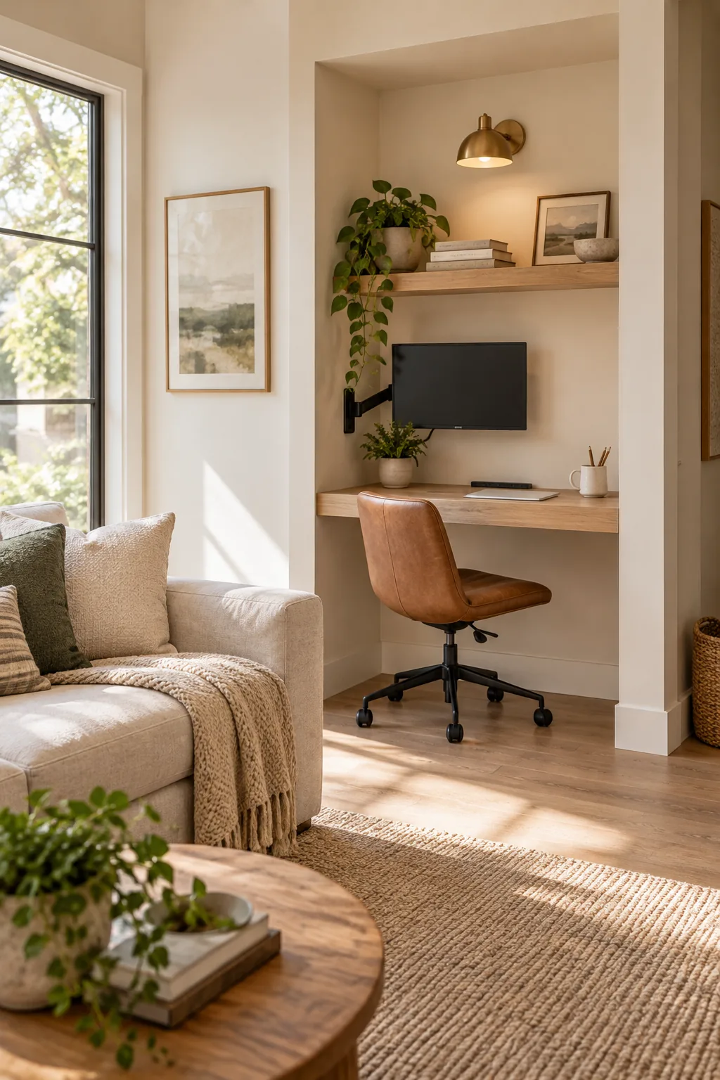 A shallow living room alcove transformed into a compact workspace with a floating wood desk next to a light beige sofa.