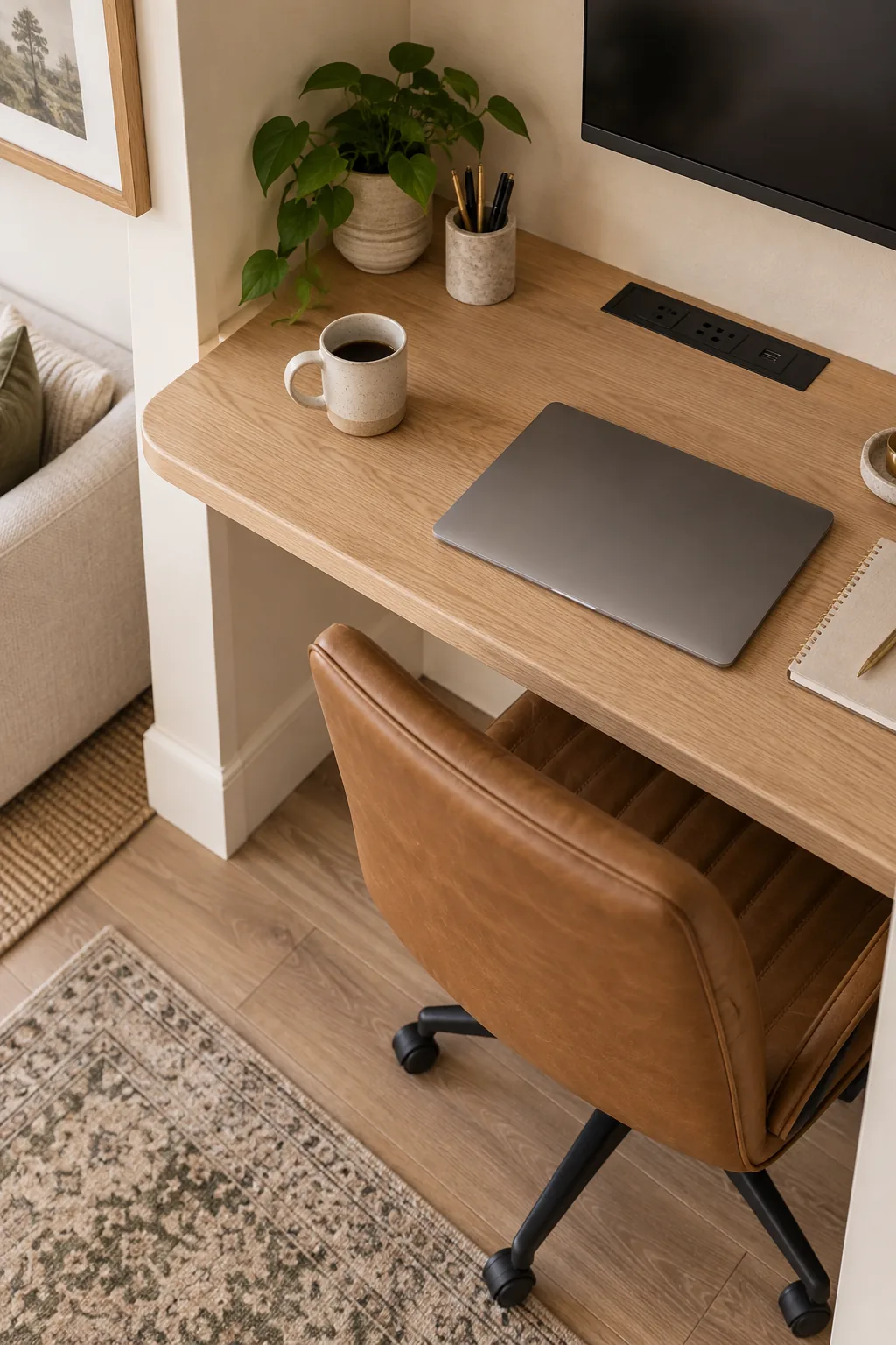Close-up of a floating wooden desk showing a smooth, rounded front edge and a flush-mounted black power strip.