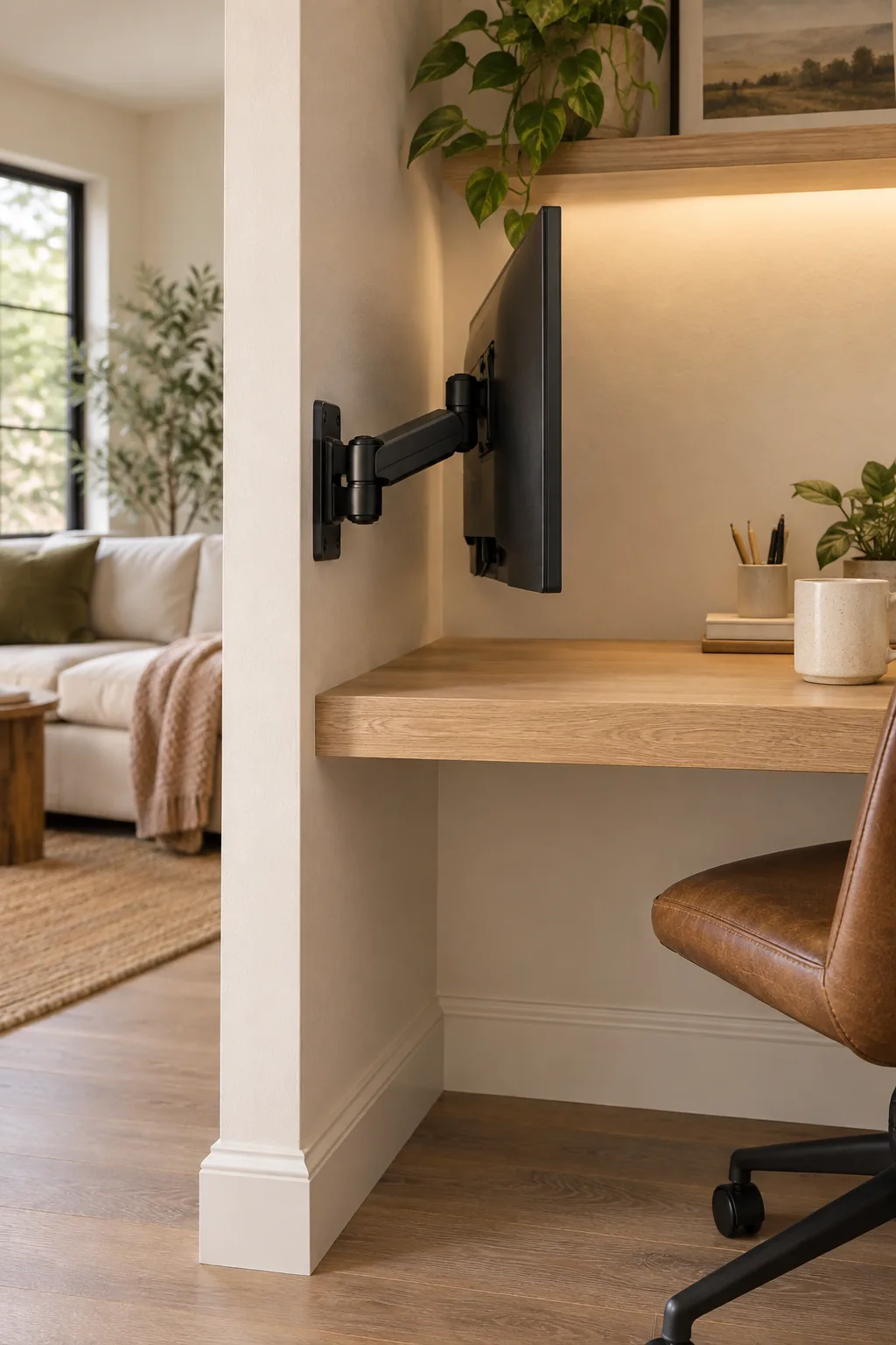 A computer monitor attached to a black articulated arm mounted to the left wall of a small alcove.