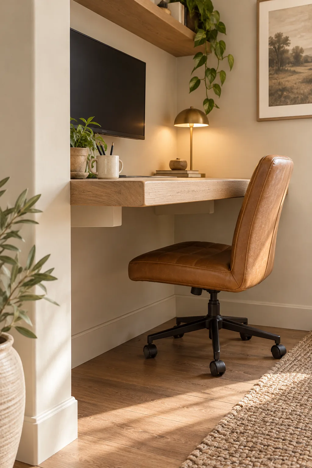 Underneath view of a floating desk showing mounting cleats painted the same cream color as the wall.