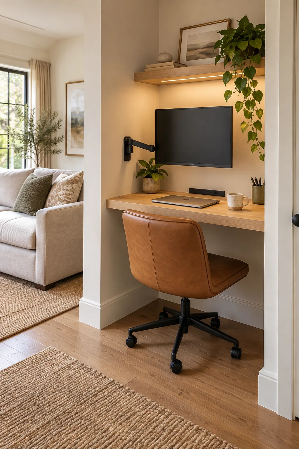 An armless tan leather office chair tucked completely under a shallow wooden floating desk.
