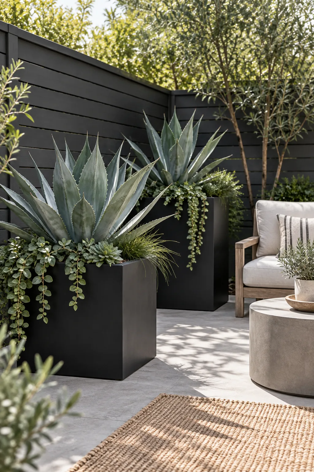 Matte black planters with agave plants against a charcoal slat fence on a concrete patio.