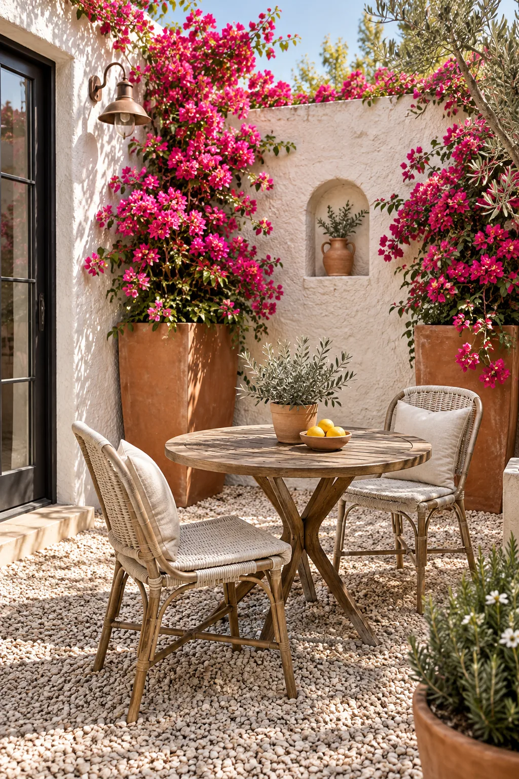 Terracotta planters with pink bougainvillea against a white stucco wall on a gravel patio.