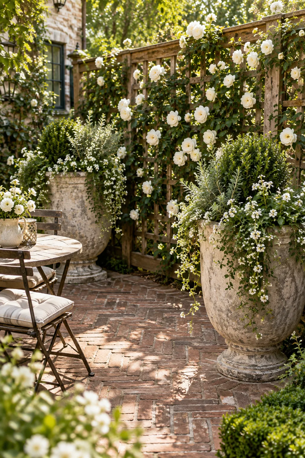 Weathered stone planters with white roses and ivy on a brick herringbone patio.