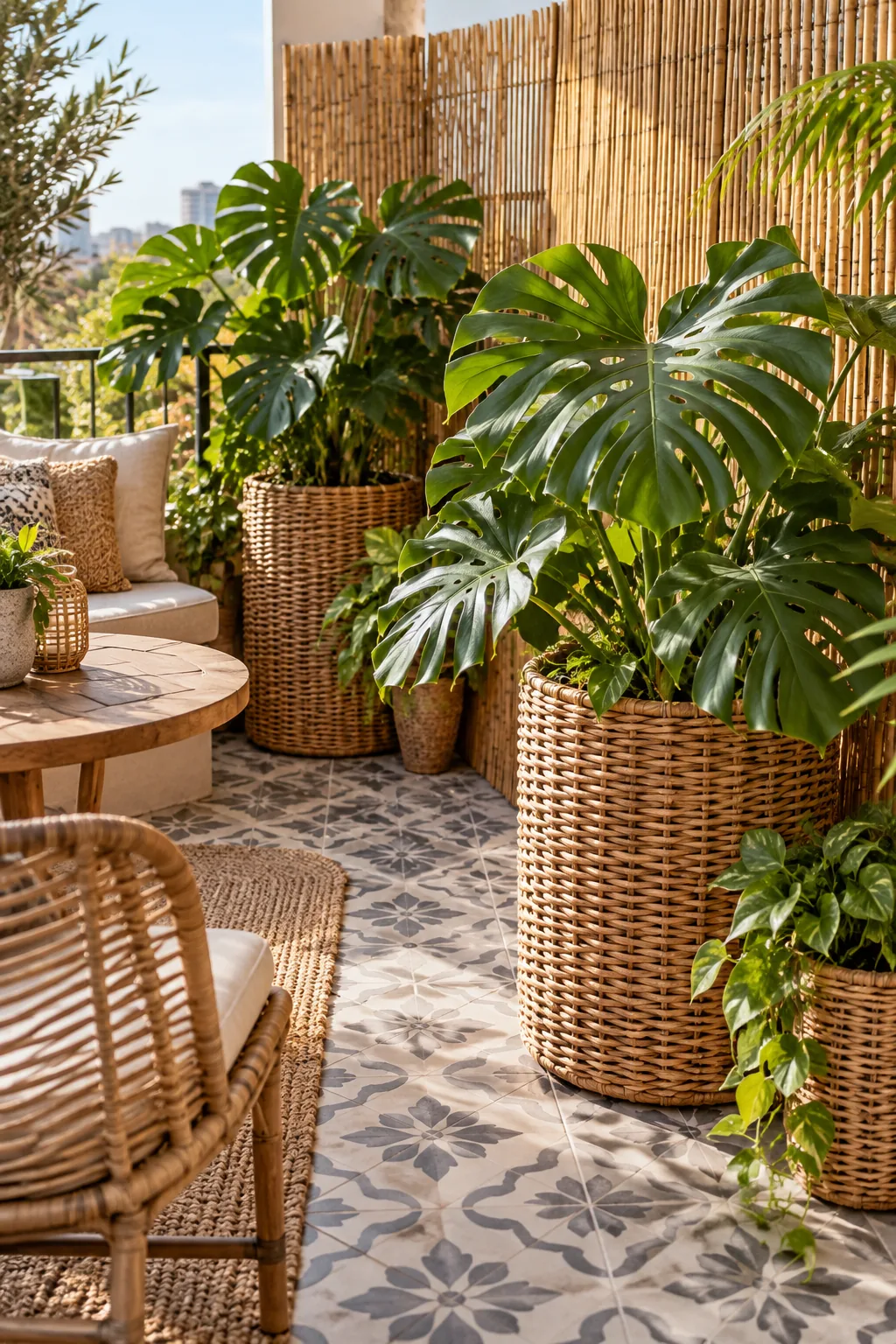 Woven rattan planters with monstera plants against a bamboo screen on patterned tiles.