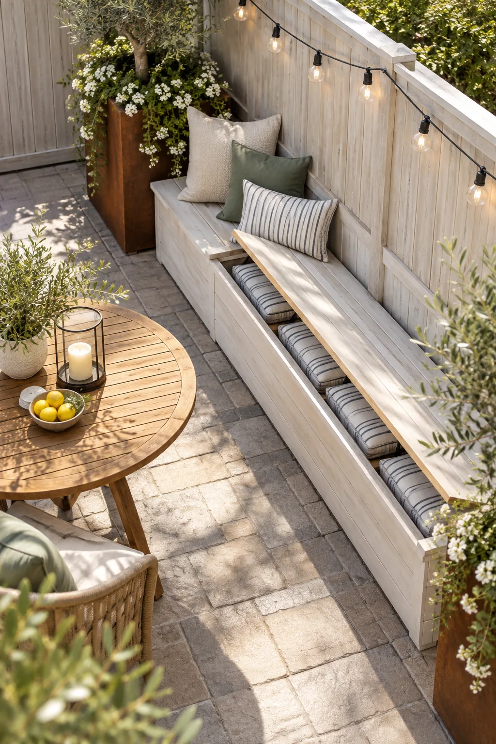 Close-up of a built-in wooden bench with its lid slightly open, revealing striped cushions inside.