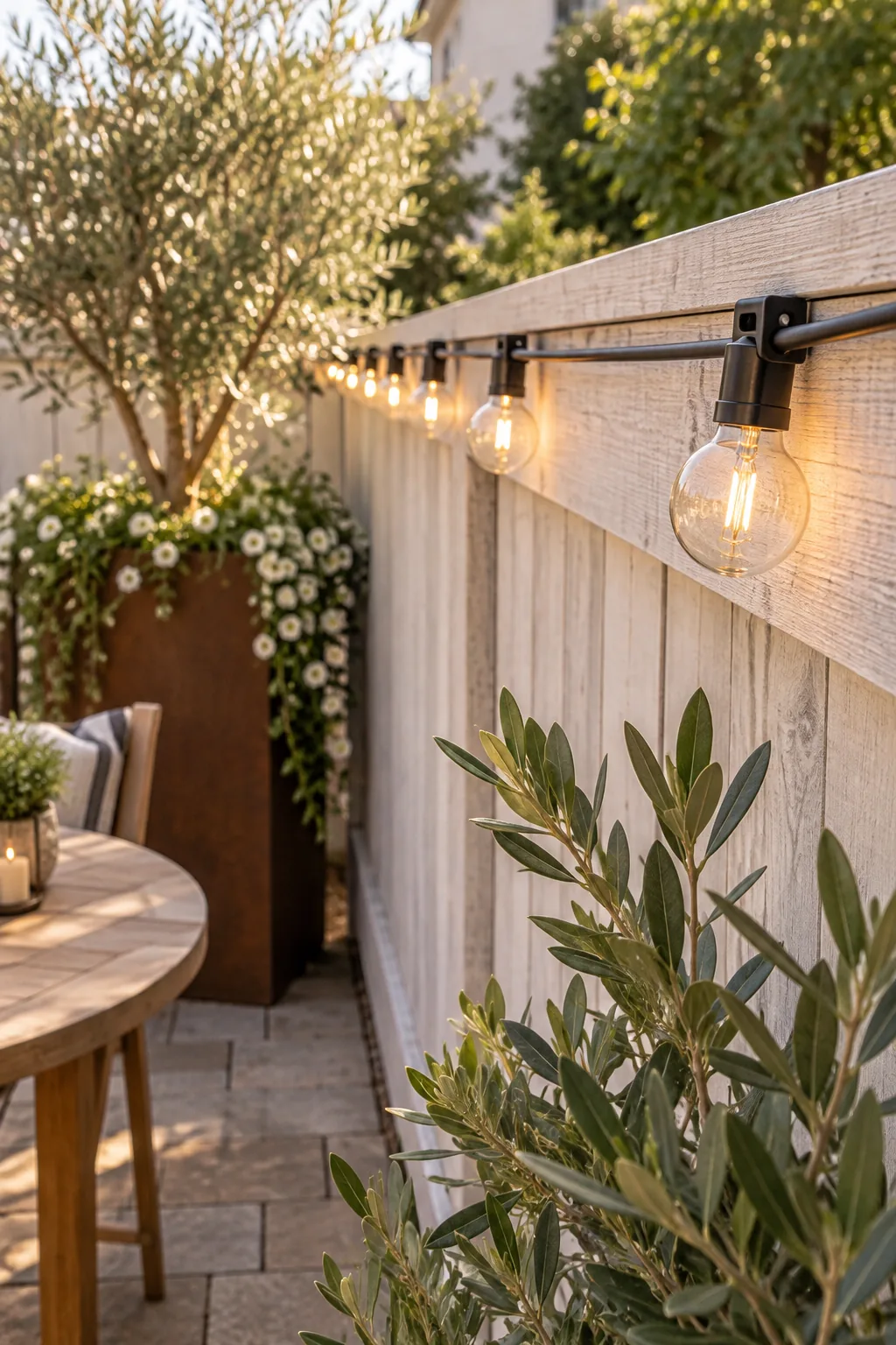 String lights attached to the top rail of a white wooden fence with small black clips.