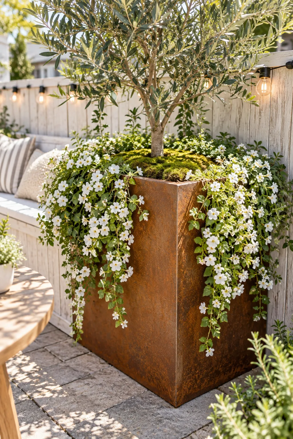 Massive rusted metal planter overflowing with trailing white flowers on a stone patio.