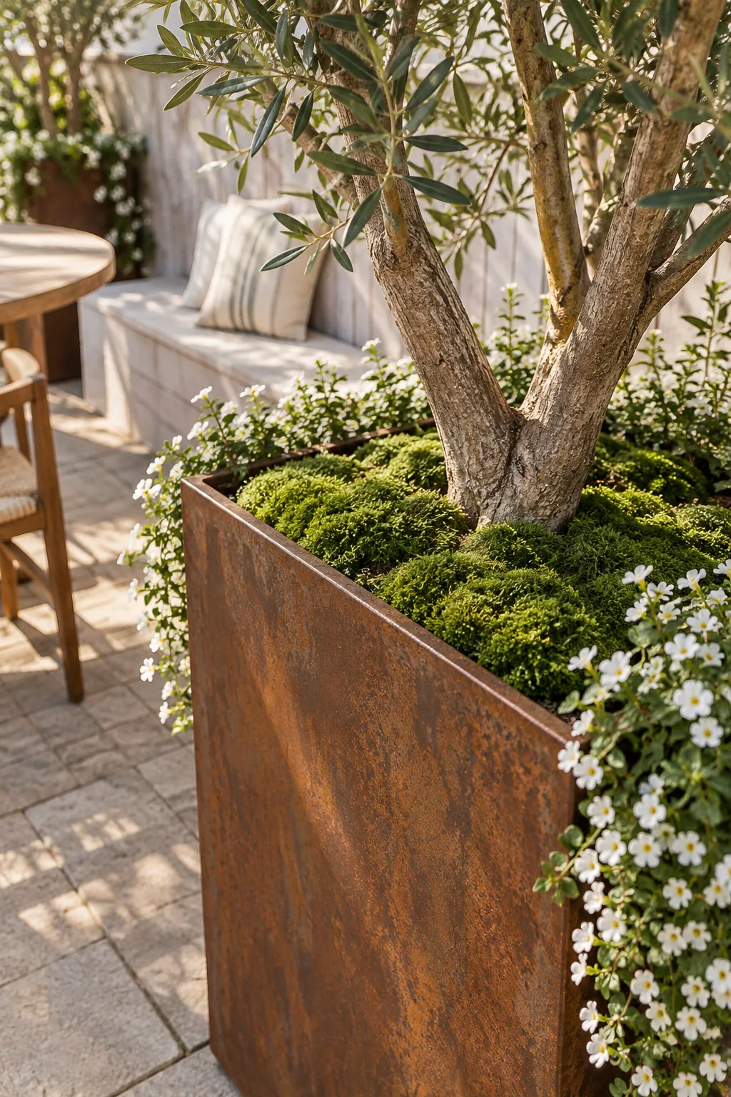 Close-up of an olive tree base in a metal planter, the soil covered in green moss level with the rim.