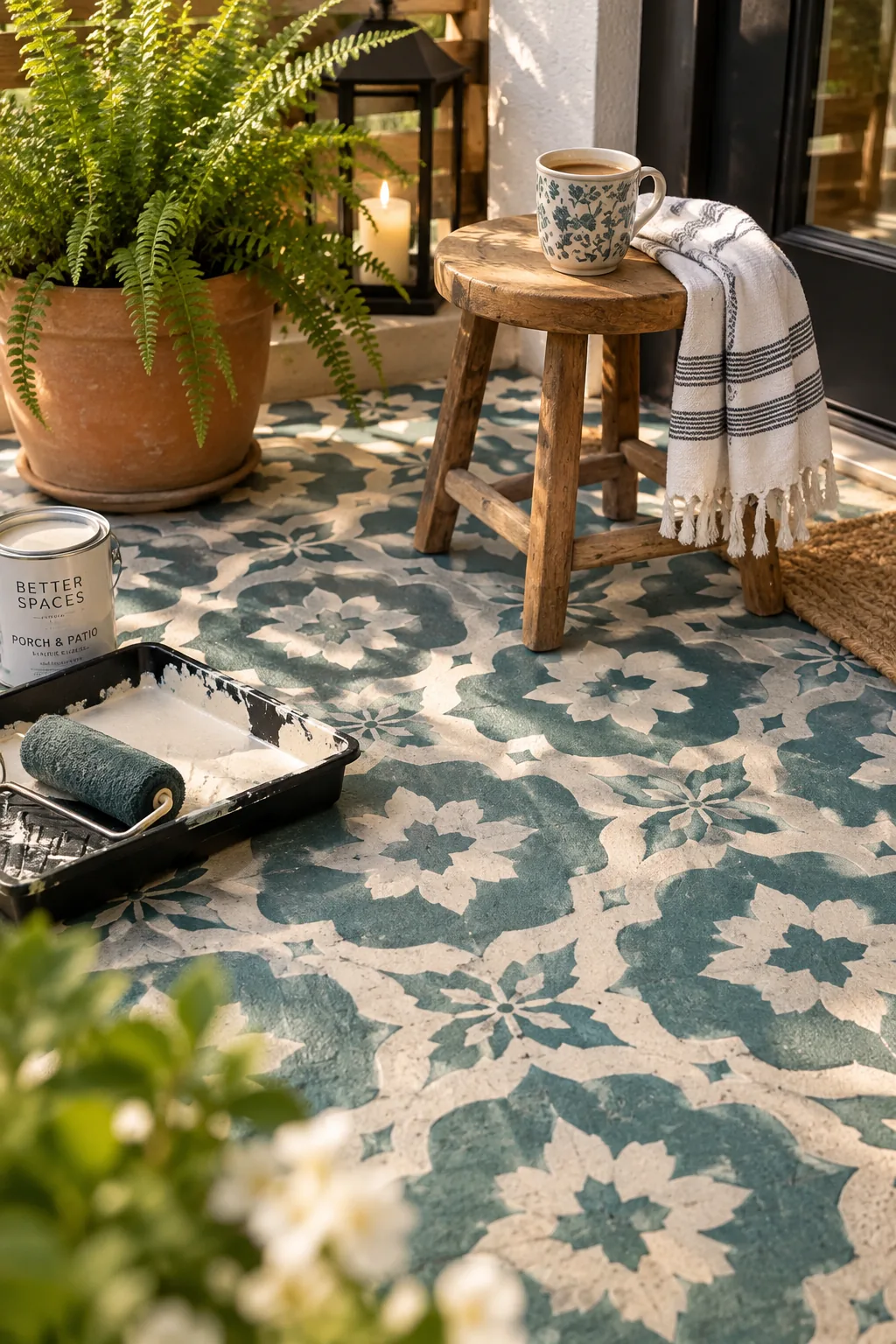 Painted concrete patio floor featuring a black and white geometric tile stencil pattern