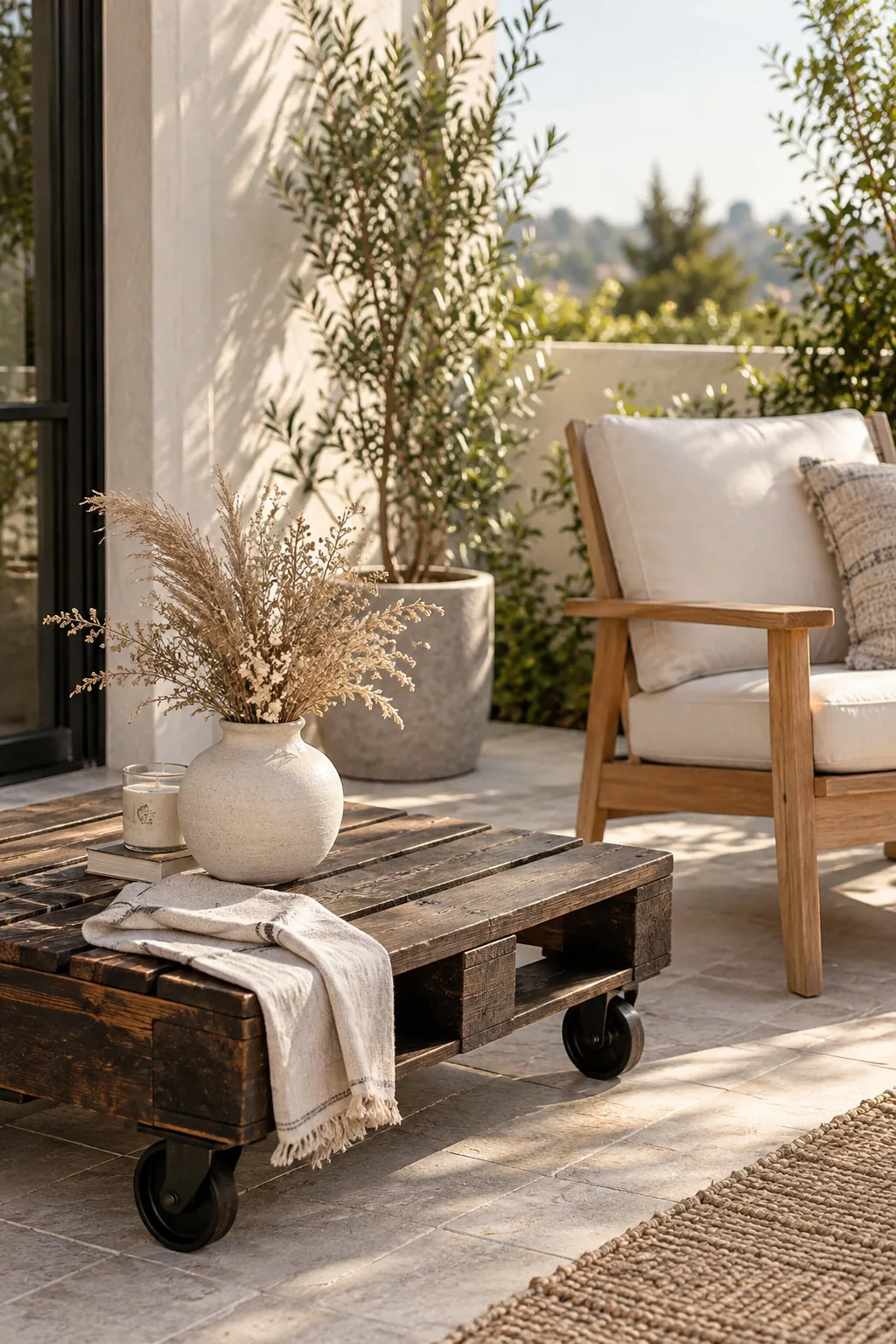 Rustic wooden coffee table made from pallet wood on industrial caster wheels