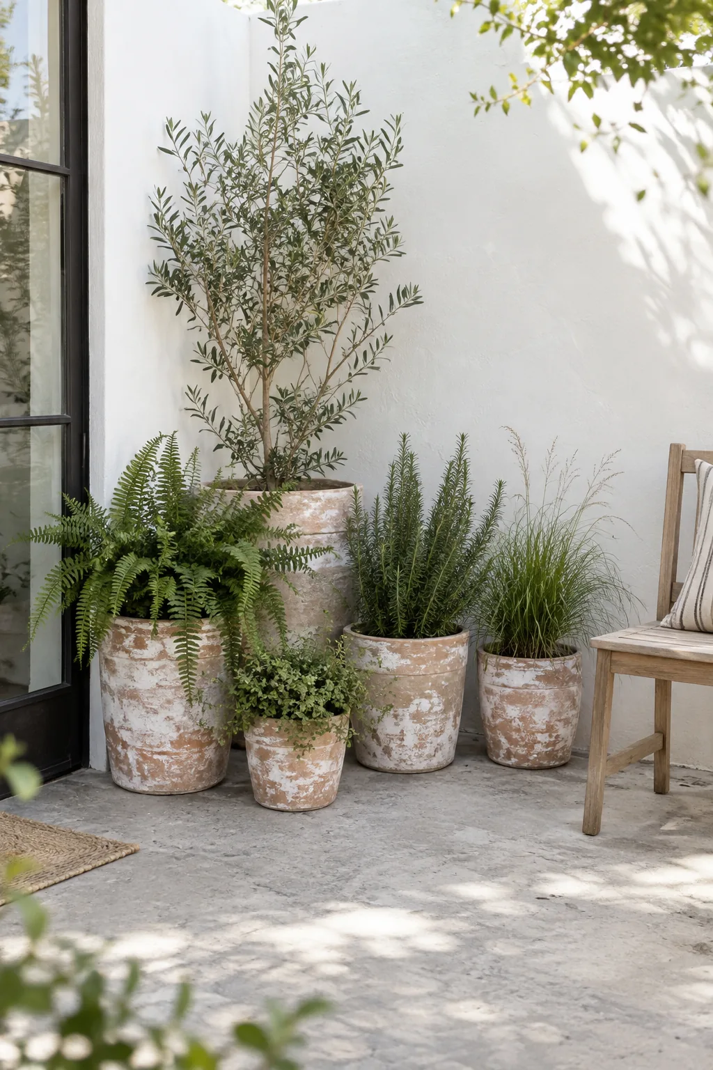 Cluster of whitewashed terracotta pots filled with green ferns on a patio corner