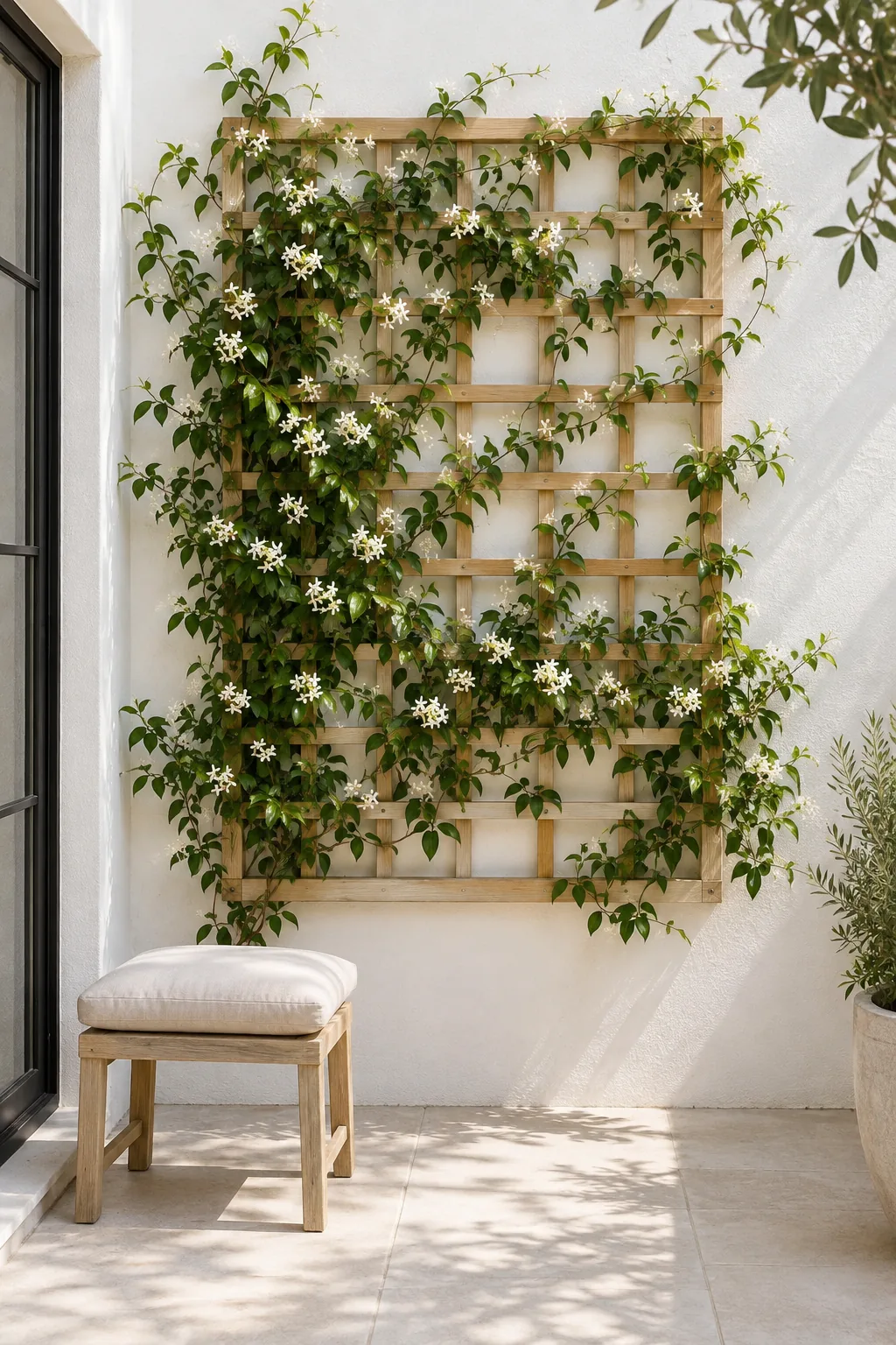 Wooden trellis mounted to a brick wall with green ivy climbing up it
