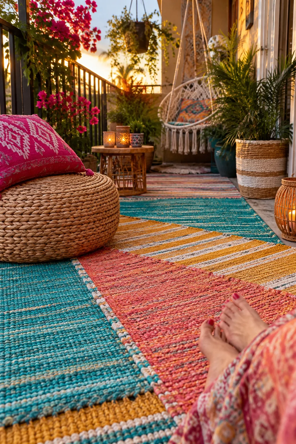 Two overlapping patterned outdoor rugs on a patio floor with a small chair