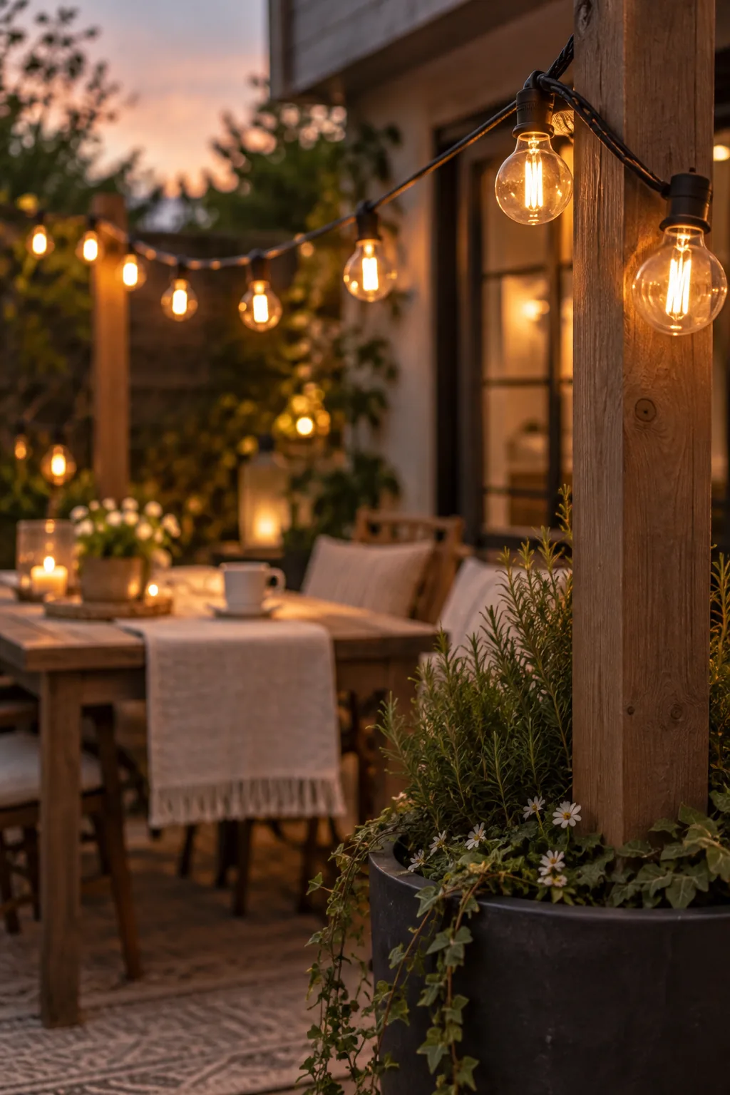 Warm string lights hanging in a zigzag pattern above a small patio seating area